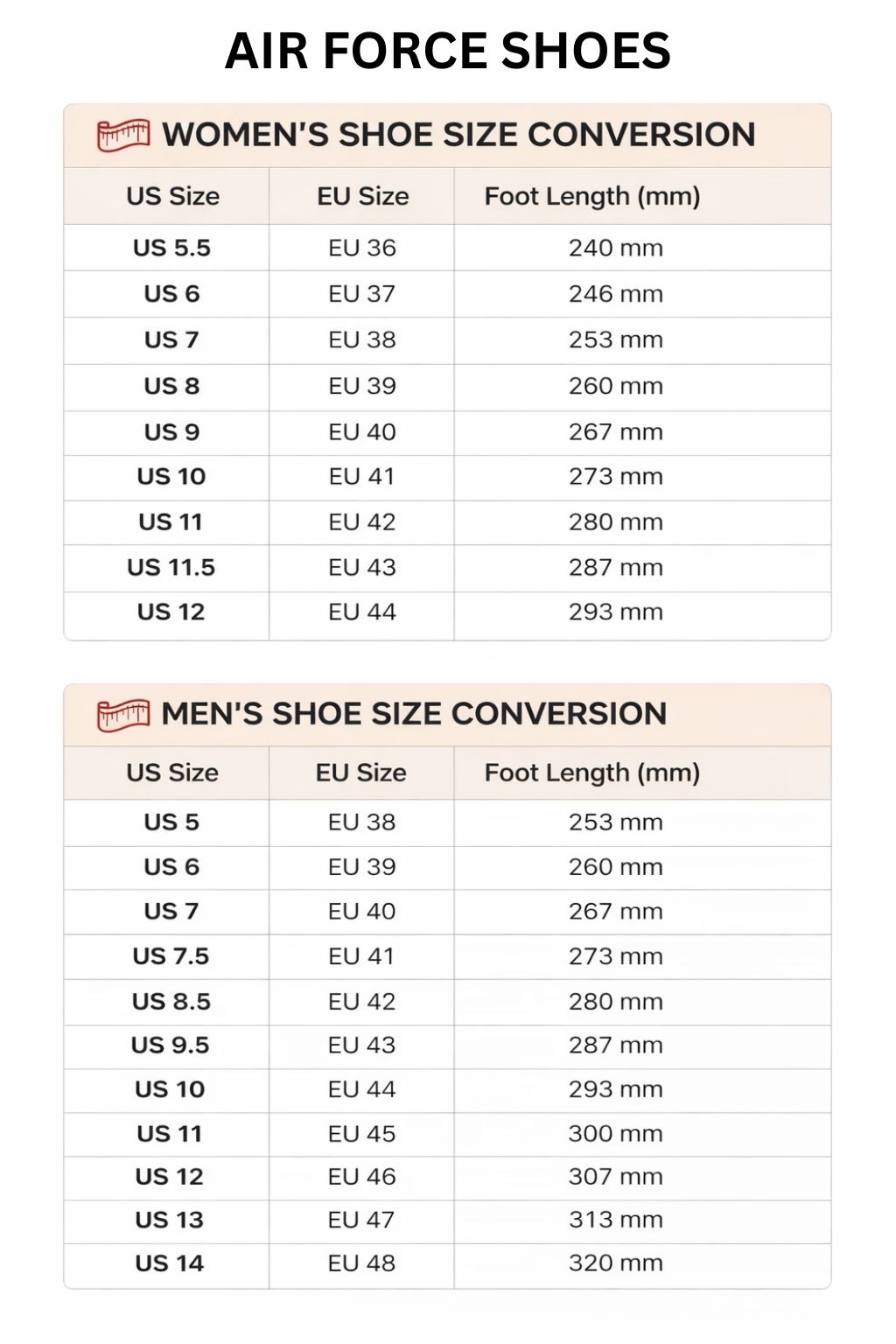 Air Force Shoes Size Chart - Attack On Titan EU Store